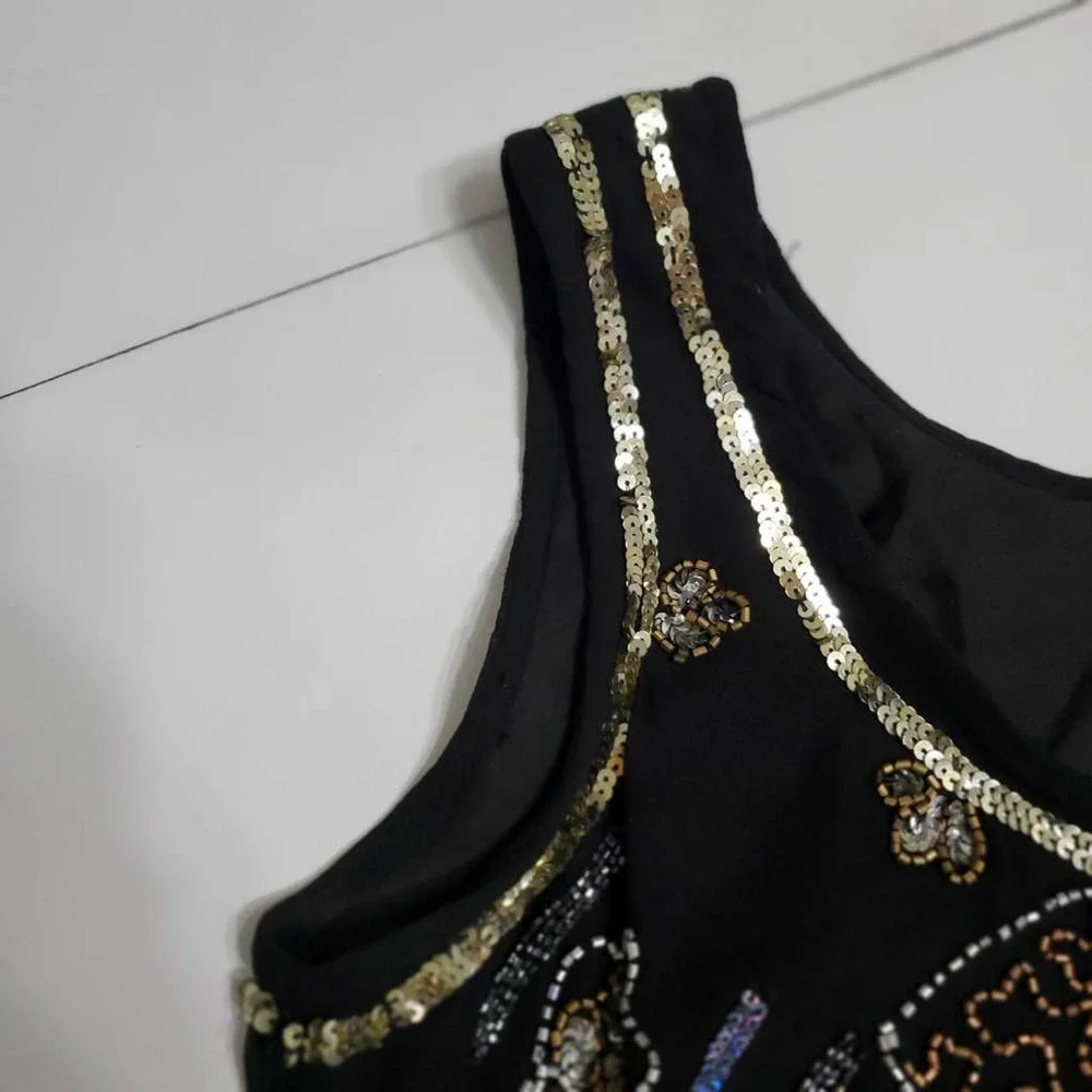 Raan Collection Womens Tank Dress Black Abstract Lined Pullover Beaded‎ Boho M